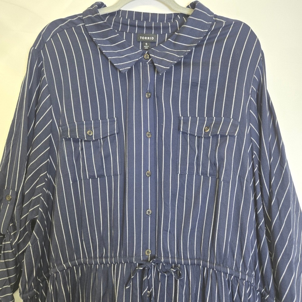 Torrid Pinstripe Midi Challis Shirt Dress Pockets Collared Drawstring Waist 5x